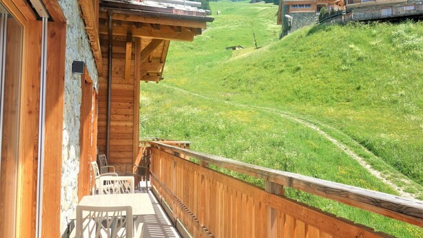 A wooden balcony with a view of a green hillside. - Spacious Apartment for ski Holiday (Veysonnaz)