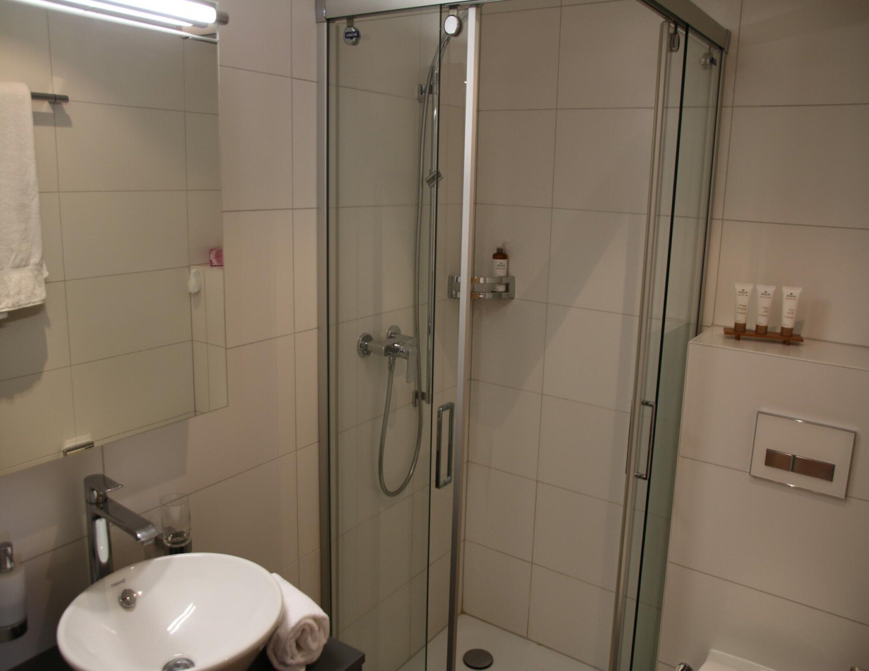 Ein modernes Badezimmer mit einer in Glaswänden gefassten Dusche, einem Waschbecken und Pflegeprodukten auf einem Regal.