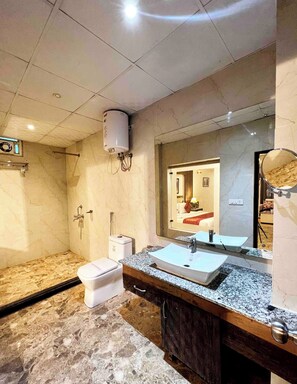 Shower, slippers, towels, soap