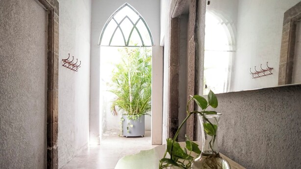 A hallway with a potted plant and a glass vase with a plant on a table. - Apartamento Morelos SLP Centro Historico (San Luis Potosi)