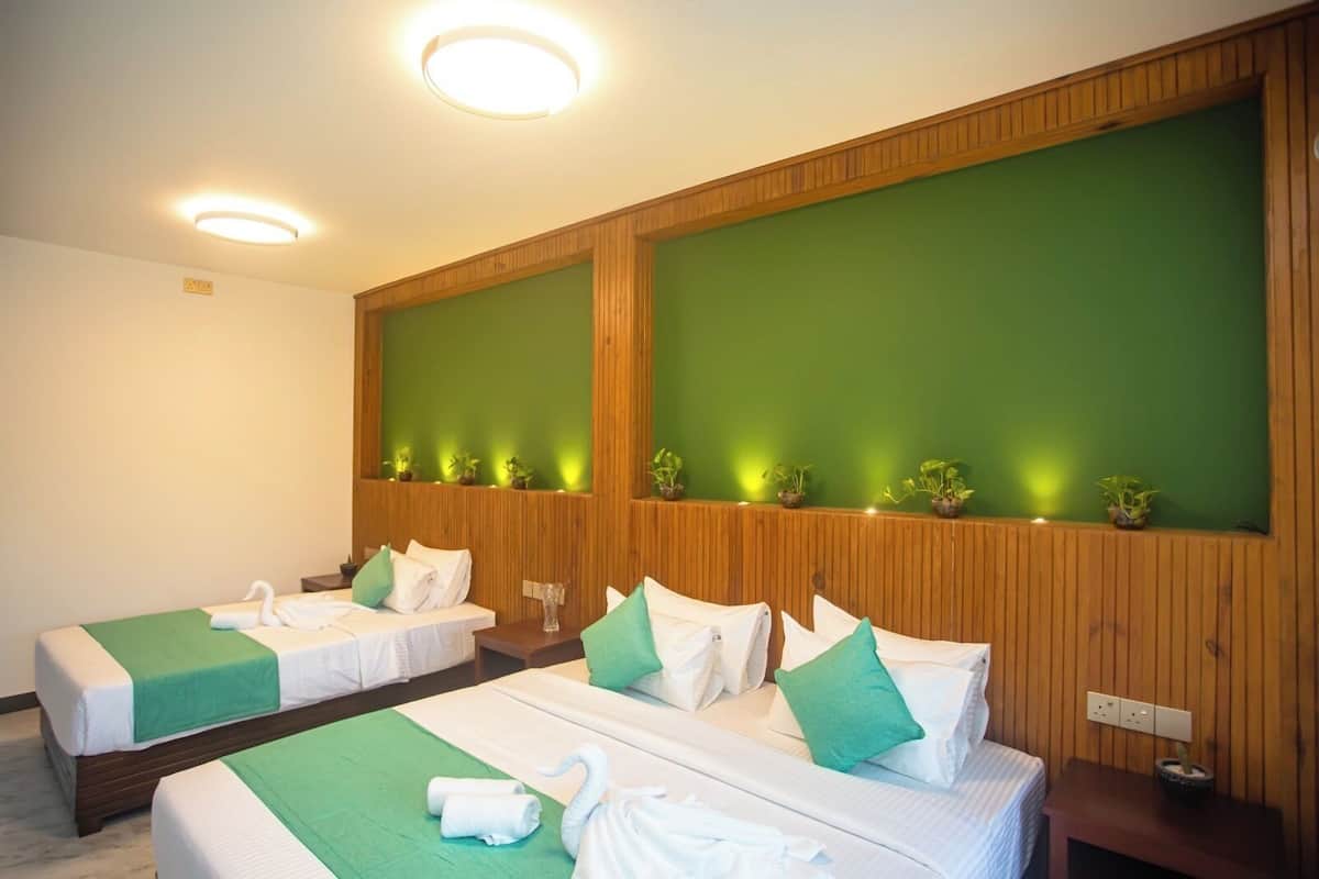 A hotel room with two beds, each with a green bedspread, white linens, and matching green pillows. There are small potted plants on the wall behind the beds.