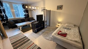 Ein modernes Zimmer mit einer Couch, einem Fernseher, einem Bett, einem kleinen Tisch und einer dekorativen Raumtrennung.
