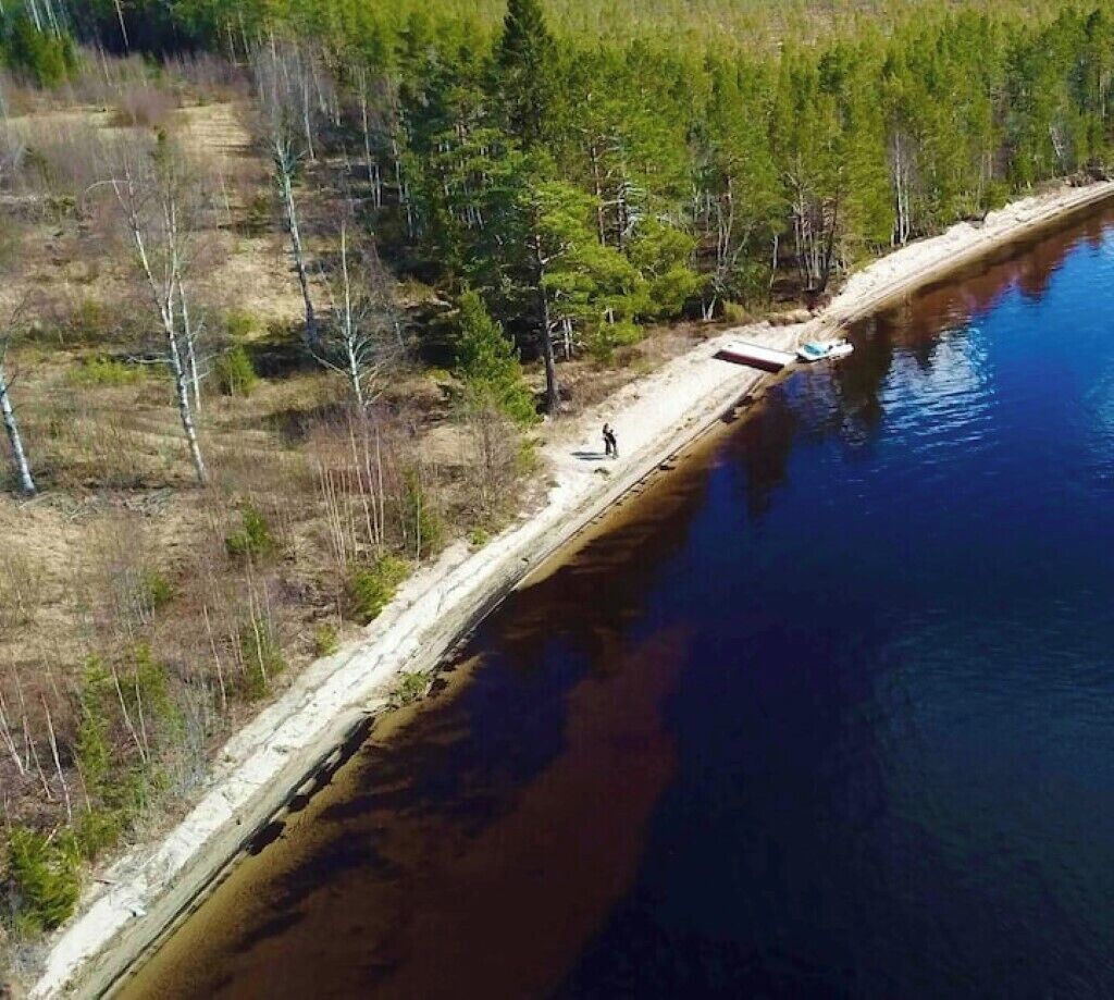 An aerial view of a riverbank with a person walking along a dirt path, surrounded by trees and vegetation.