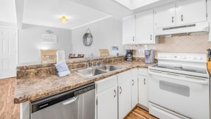 A modern kitchen with white cabinets, a built-in dishwasher, a stove, and a coffee maker. - Romar Village 112 (Orange Beach)
