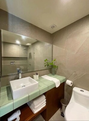 Secador de cabelo, toalhas de banho