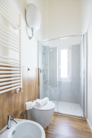 Douche, séchoir à cheveux, bidet, serviettes fournies