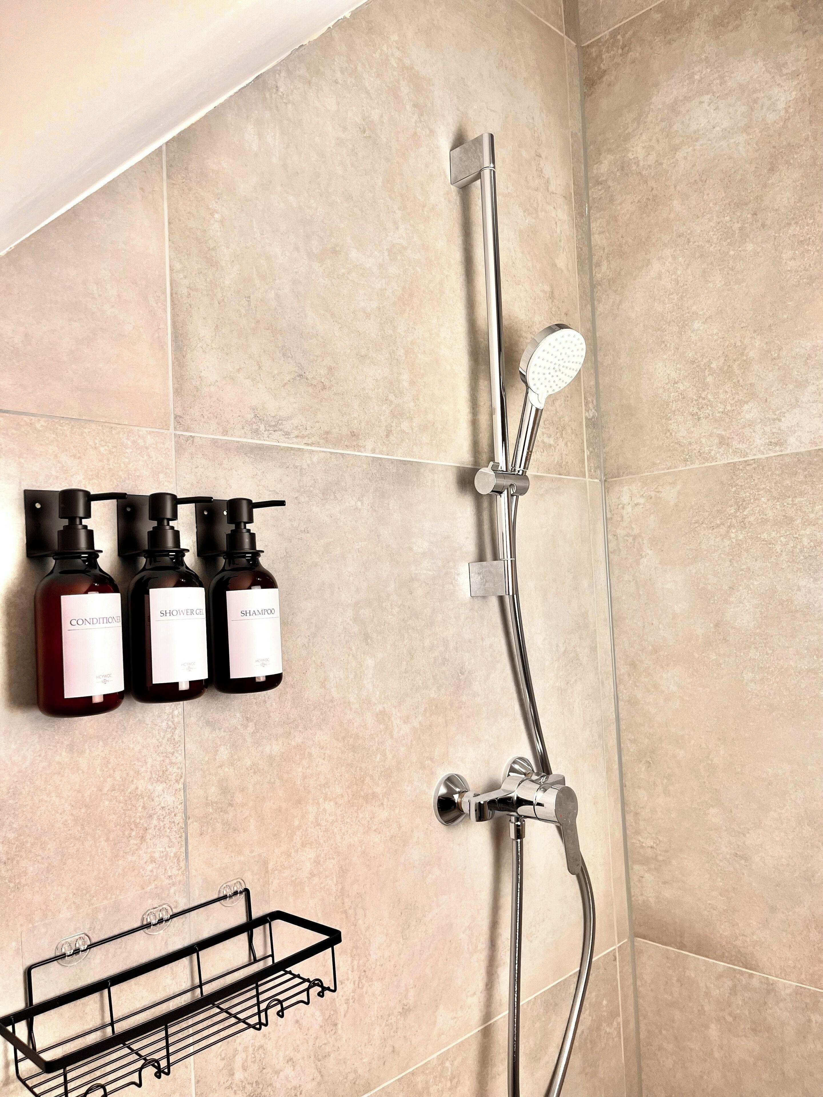 Hair dryer, towels, soap, toilet paper