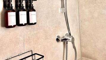 Hair dryer, towels, soap, toilet paper