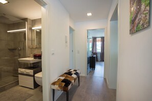 Shower, hair dryer, towels, toilet paper