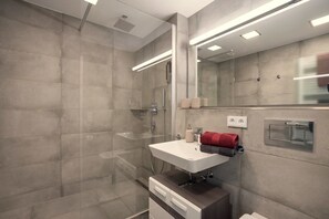 Dusche, Haartrockner, Handtücher, Toilettenpapier