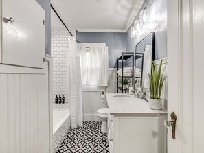 Hair dryer, towels, soap, shampoo