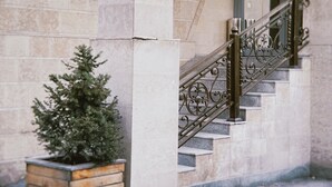 A staircase with ornate metal railings and a potted evergreen tree beside it. - Astor (Bishkek)