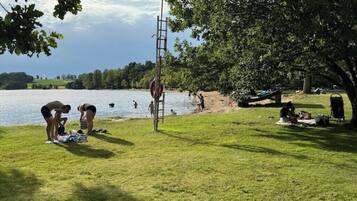 A lakeside park with grassy areas, a ladder, and people engaging in various activities.