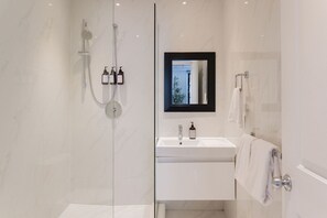 Shower, hair dryer, towels