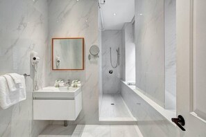 Shower, hair dryer, towels