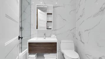 Shower, hair dryer, towels