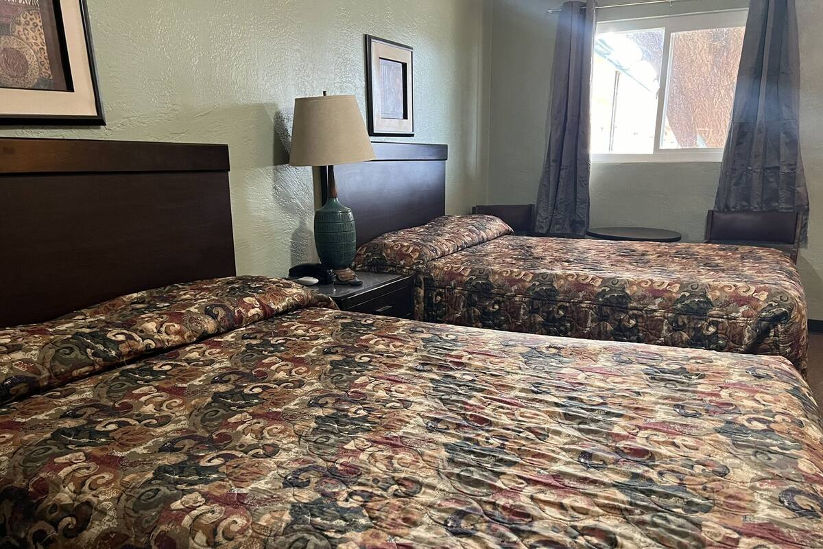 Une chambre d’hôtel avec deux lits, une table de chevet, une lampe, un tableau encadré et une fenêtre avec des rideaux.