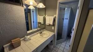 A bathroom with a white sink, mirror, and overhead lights. There is a shower area visible in the background.