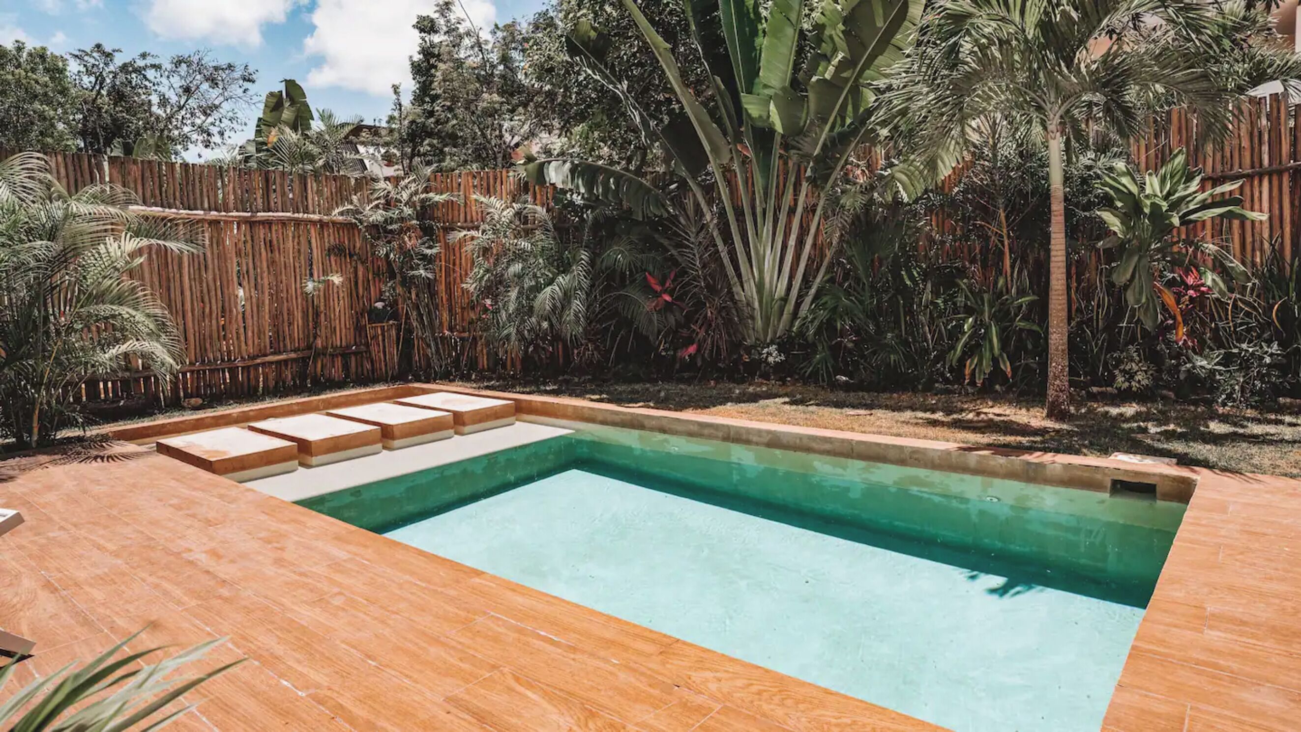 Piscina rectangular con muelle de madera y escalones de acceso, rodeada de exuberante vegetación tropical y una cerca de madera.
