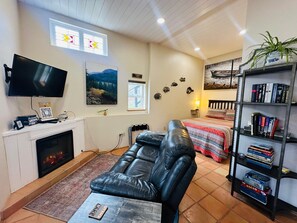 Smart TV, fireplace, DVD player, books