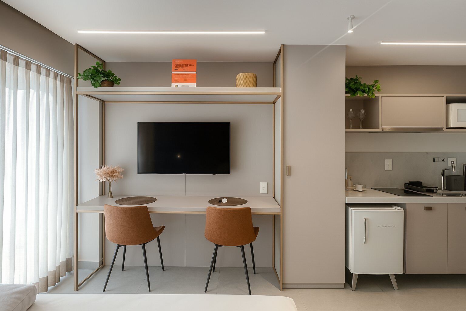A modern kitchen with a built-in microwave, a small refrigerator, and a dining area with two chairs and a table.