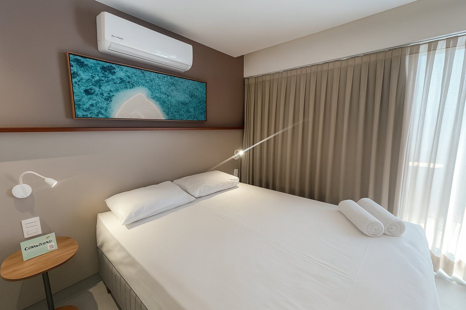Une chambre d’hôtel avec un lit, un climatiseur fixé au mur, un tableau, une lampe de chevet et une petite table sur laquelle est posé un panneau.