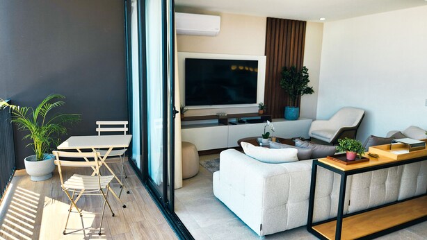 Una sala de estar moderna con un sofá, una mesa de comedor, sillas, un televisor y plantas en macetas.
