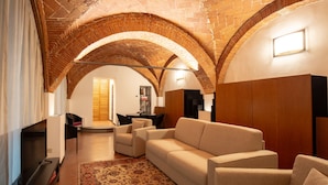 Un salon avec un plafond en briques, un canapé, un téléviseur et un tapis à motifs.