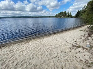 A sandy beach with a calm lake, surrounded by trees and a clear sky.