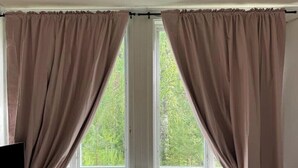 Una habitación con dos ventanas, cada una con vistas a zonas verdes. Hay un radiador debajo de las ventanas.