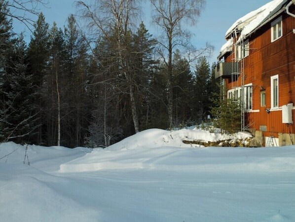 A snow-covered landscape with a wooden building and a forest in the background.