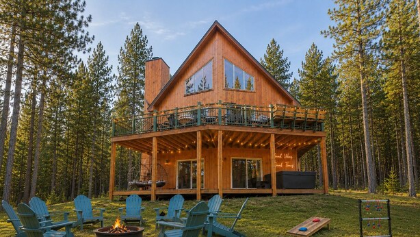 Une cabane dotée d’une terrasse, d’un espace salon extérieur et d’un foyer.
