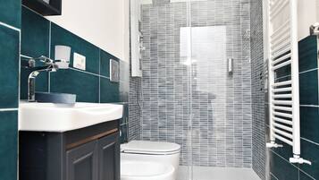 Shower, hair dryer, bidet, towels