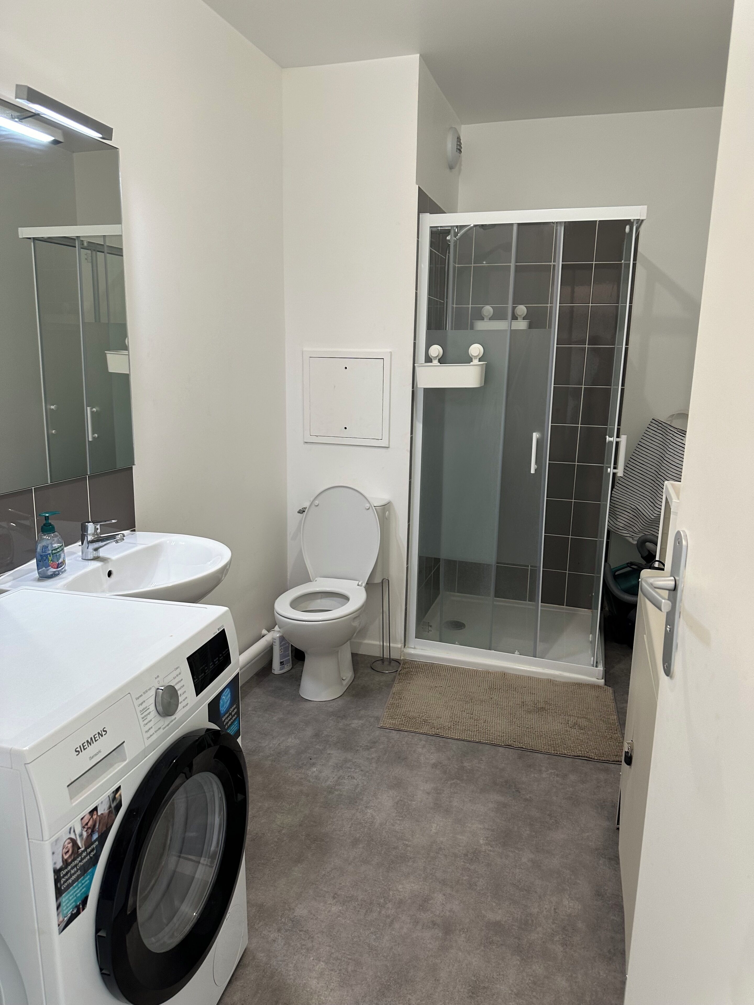 Shower, hair dryer, towels, toilet paper