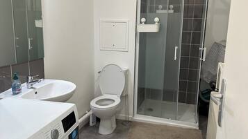 Shower, hair dryer, towels, toilet paper
