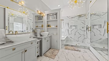 Jetted bath, hair dryer, towels, soap