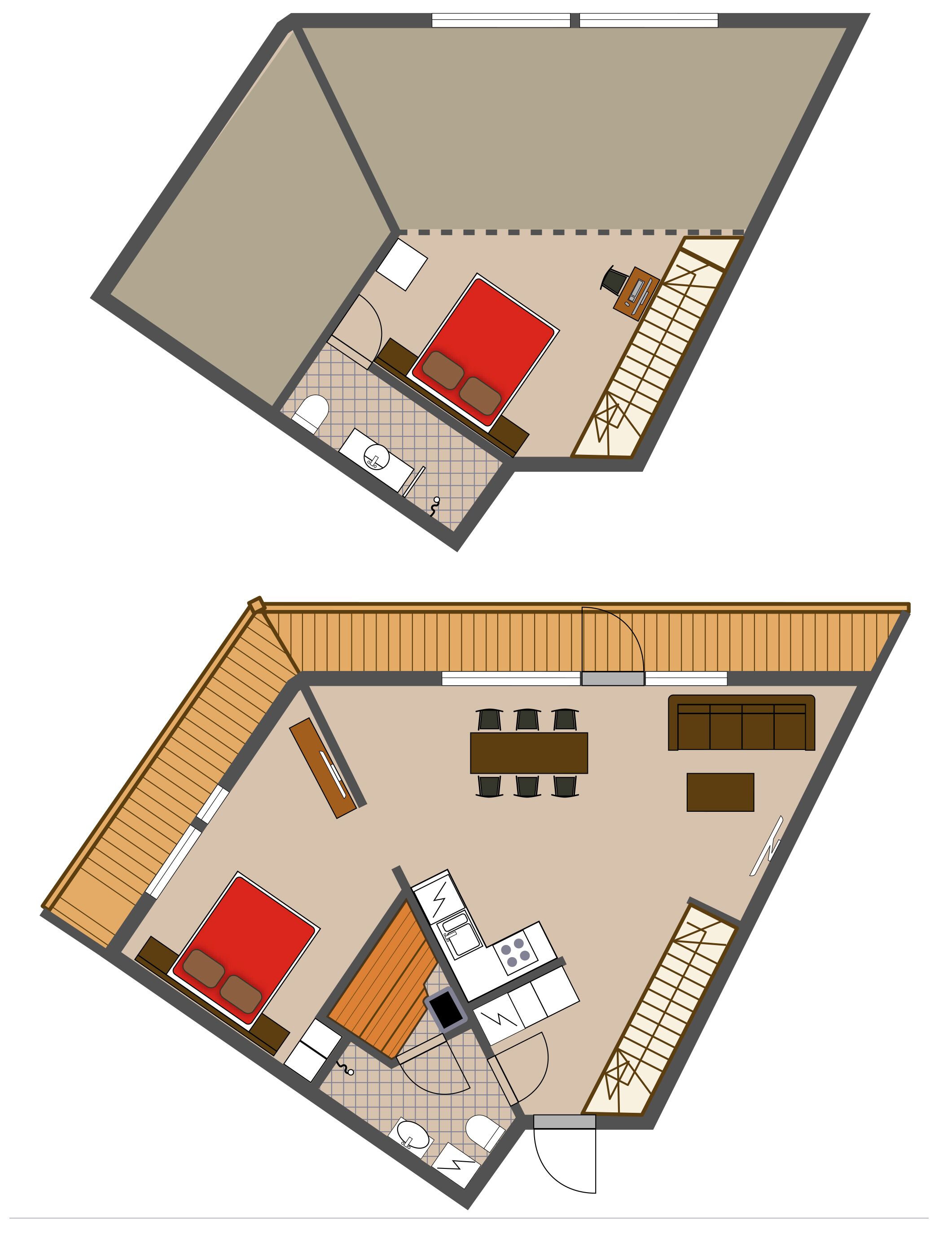Een plattegrond van een hotelkamer met een bed, een bureau, een stoel, een klein tafeltje en een badkamer.