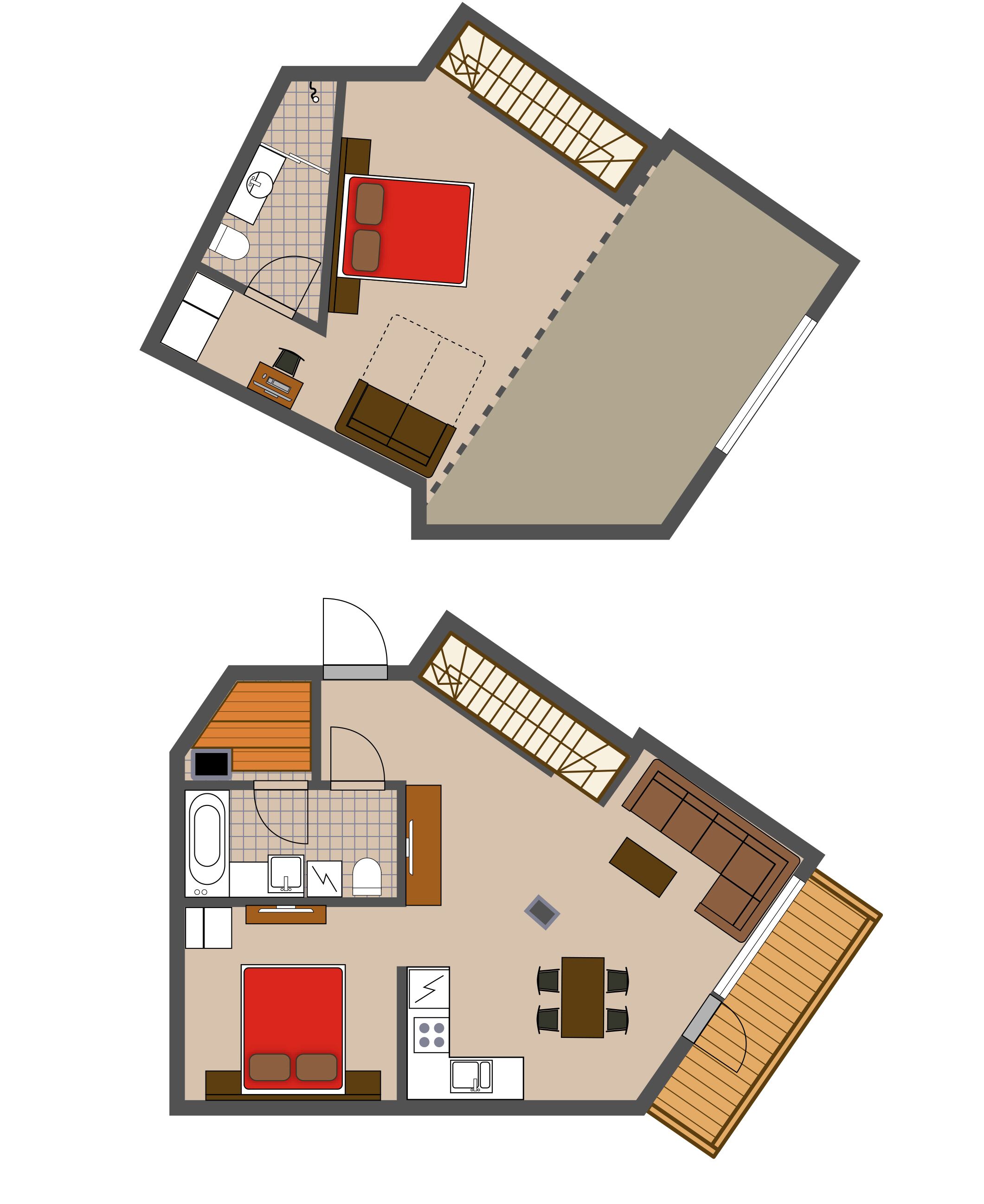 A two-story apartment layout with a kitchen, dining area, living room, and a balcony.