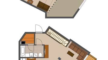 A two-story apartment layout with a kitchen, dining area, living room, and a balcony.