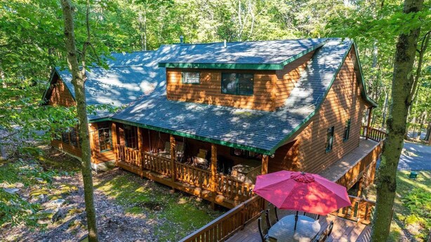 Une cabane dotée d’une terrasse et d’un porche abrité, entourée d’arbres.
