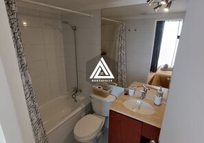 Een haardroger, handdoeken, zeep, toiletpapier