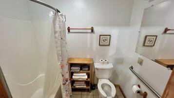 Hair dryer, towels, soap, toilet paper