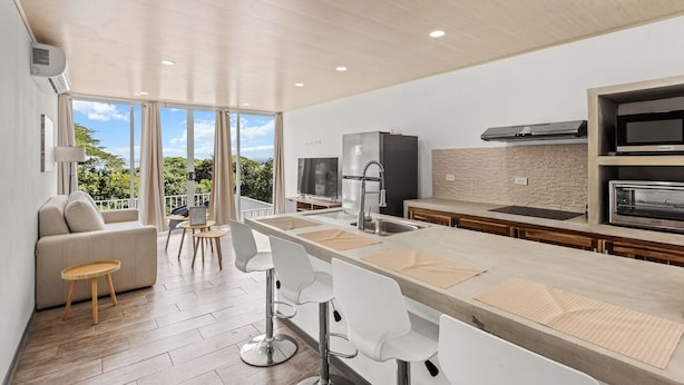 A modern kitchen with a bar area, large windows, and a view of greenery. - Apartment #3 -1-bedroom apartment with WiFi, AC in tranquil Tarcoles (Tarcoles)
