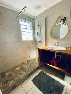 Shower, hair dryer, towels, soap