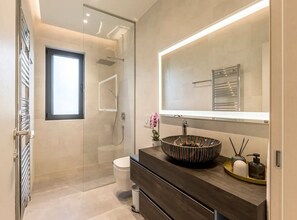 Shower, hair dryer, towels