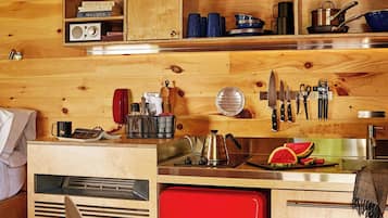 Mini-fridge, stovetop, cookware/dishes/utensils, paper towels