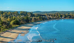 A coastal landscape with a beach, trees, and a clear sky.