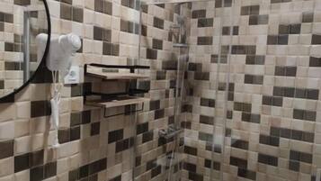 Regadera, secadora de cabello, toallas, jabón