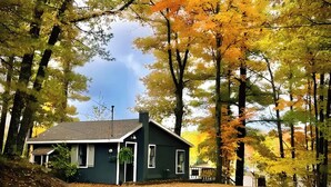 A house with a dark exterior, a sloped roof, and a front porch.
