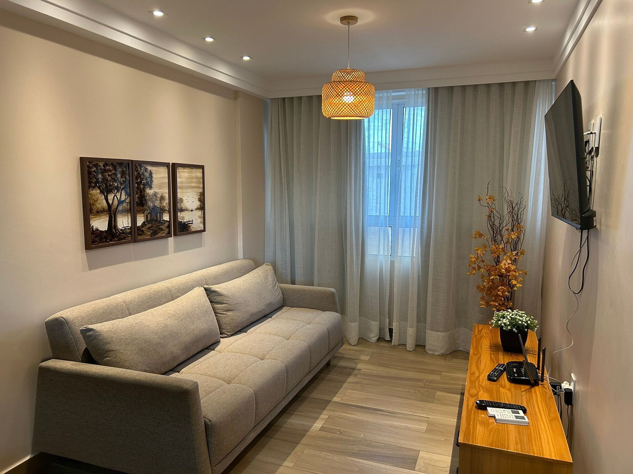 Ein modernes Wohnzimmer mit einer Couch, einem Holztisch mit einer Pflanze, einem an der Wand montierten Fernseher und Bildern an der Wand.